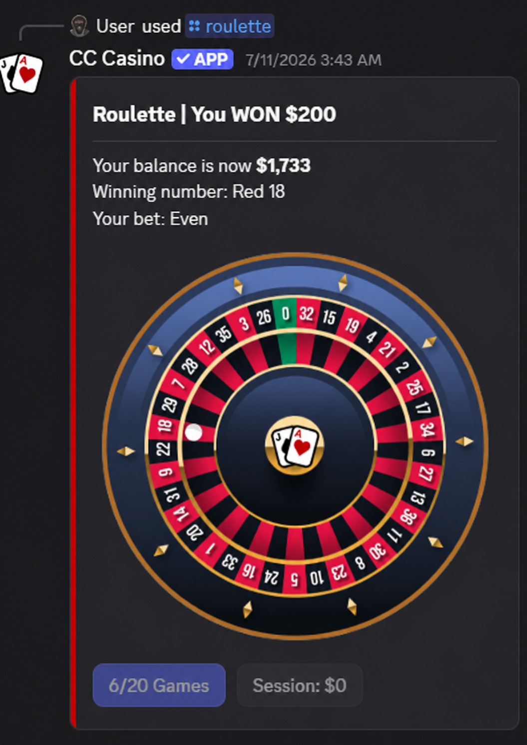 CC Casino roulette game demo showing a winning result
